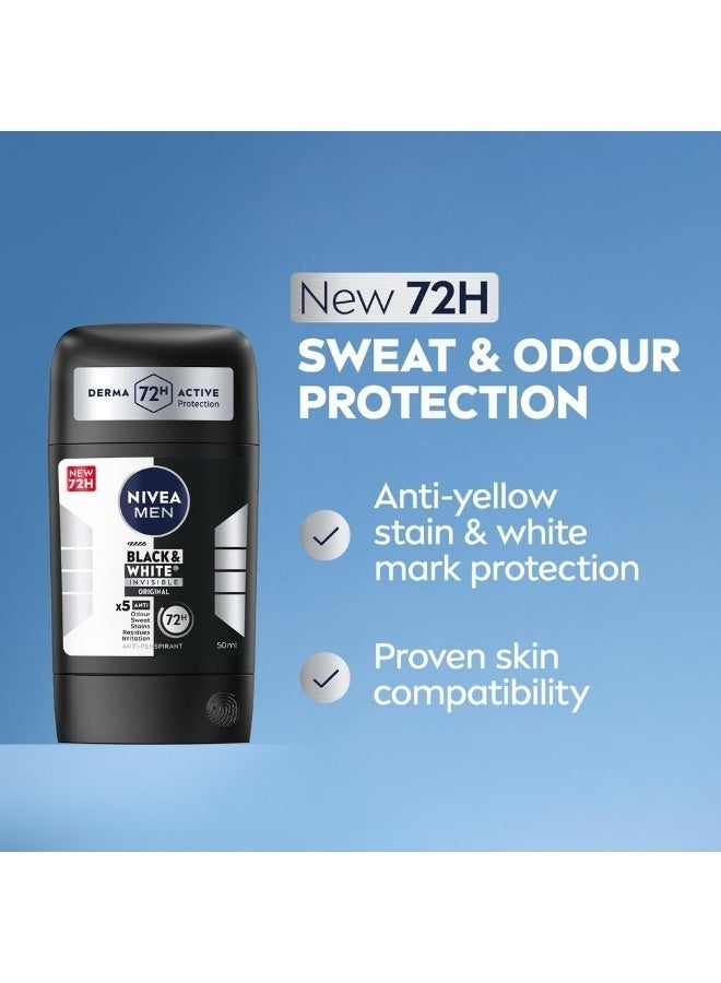 Nivea Black and White Invisible Original Antiperspirant Deodorant Stick 72H Active Protection 50 ml long lasting sweat protection stain protection - Image 2